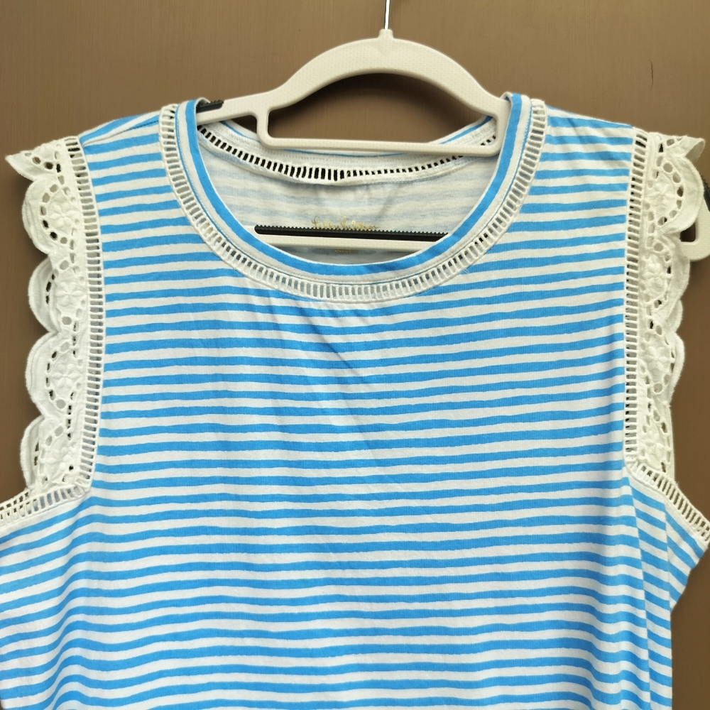 Lilly Pulitzer Blue and White Striped Sleeveless Cotton Dress with Lace Trim - Picture 3 of 8